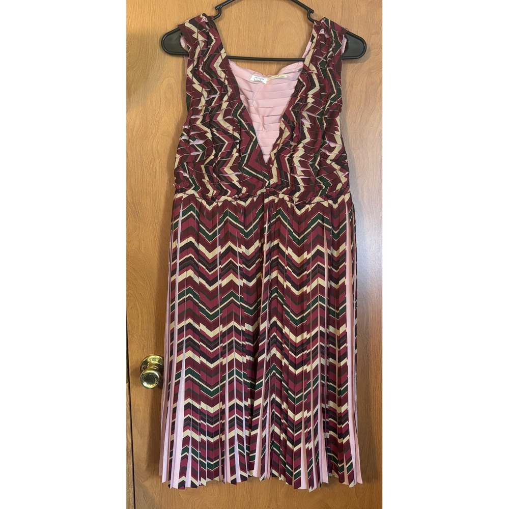 Leon Max Limited Edition Chevron Pleated Midi Dress Burgundy Pink Green Size 10